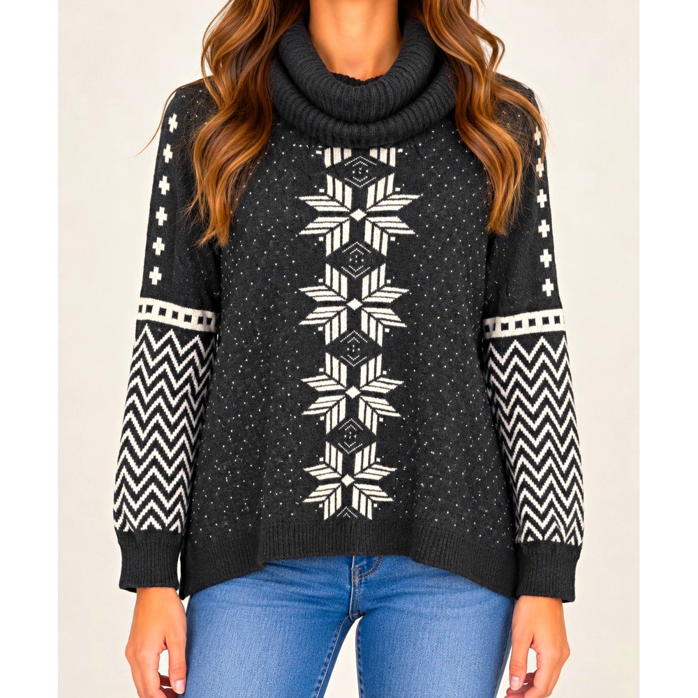 Talbots M Black White Fair Isle Nordic Cowl Neck Holiday Sweater Lambswool Blend